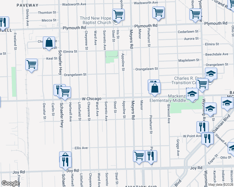 map of restaurants, bars, coffee shops, grocery stores, and more near 12911 West Chicago in Detroit