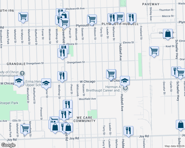 map of restaurants, bars, coffee shops, grocery stores, and more near 9525 Coyle Street in Detroit