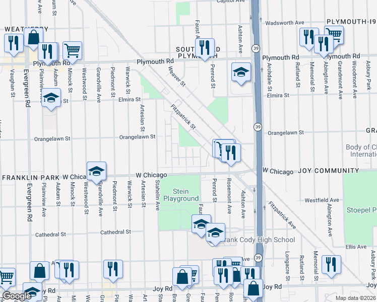 map of restaurants, bars, coffee shops, grocery stores, and more near 9616 Brace Street in Detroit