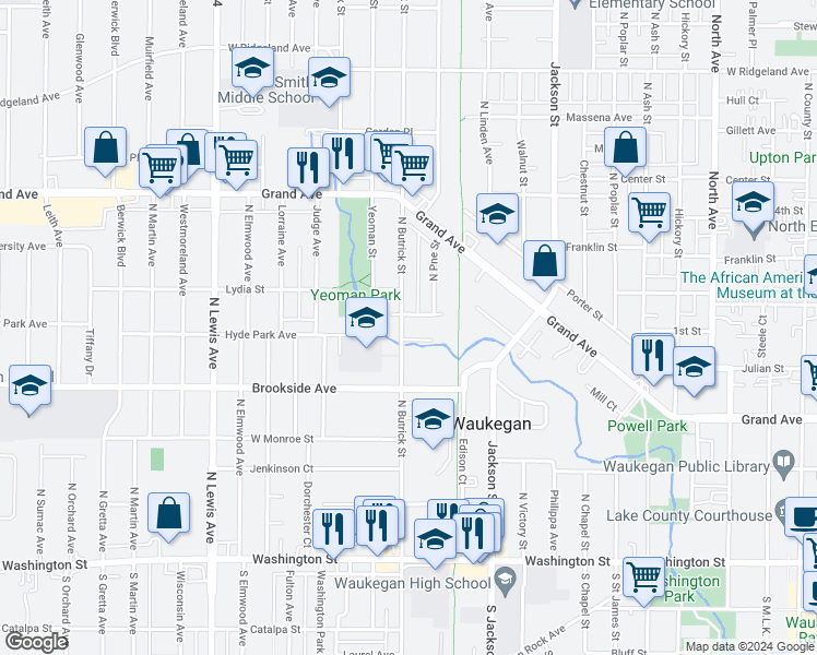 map of restaurants, bars, coffee shops, grocery stores, and more near 1322 Tamara Court in Waukegan