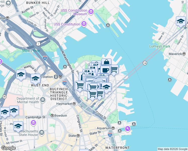 map of restaurants, bars, coffee shops, grocery stores, and more near in Boston