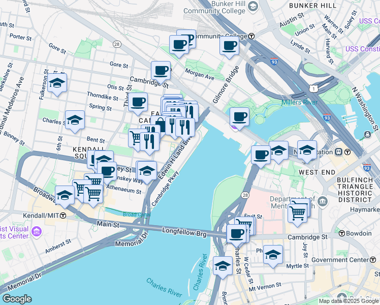 map of restaurants, bars, coffee shops, grocery stores, and more near 55 Cambridge Pkwy in Cambridge