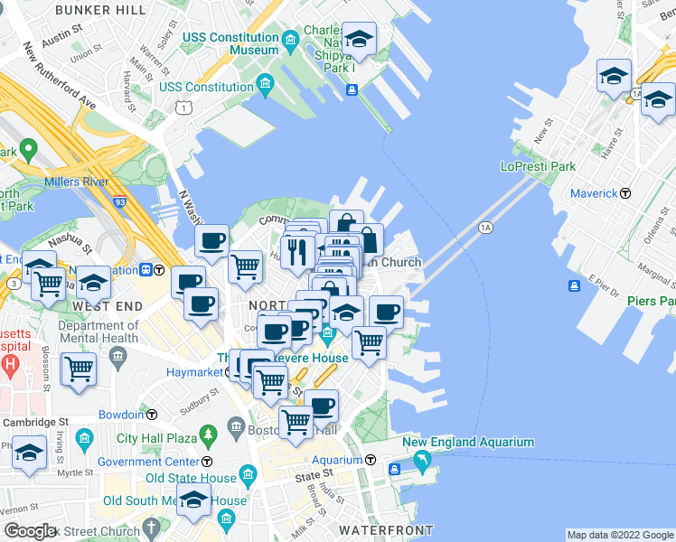 map of restaurants, bars, coffee shops, grocery stores, and more near 4 Charter Street in Boston