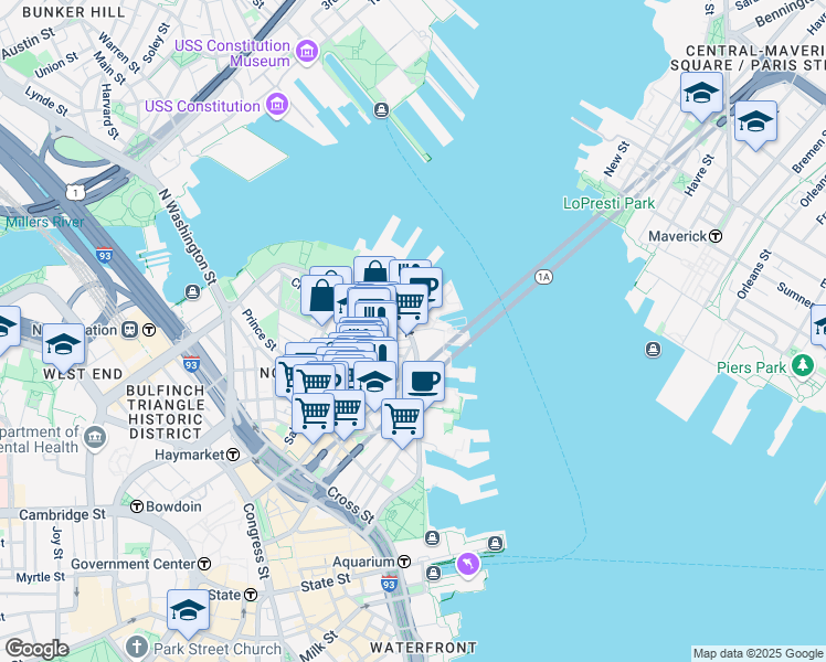 map of restaurants, bars, coffee shops, grocery stores, and more near 50 Battery Street in Boston