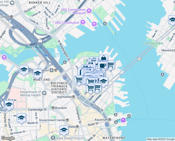 map of restaurants, bars, coffee shops, grocery stores, and more near in Boston
