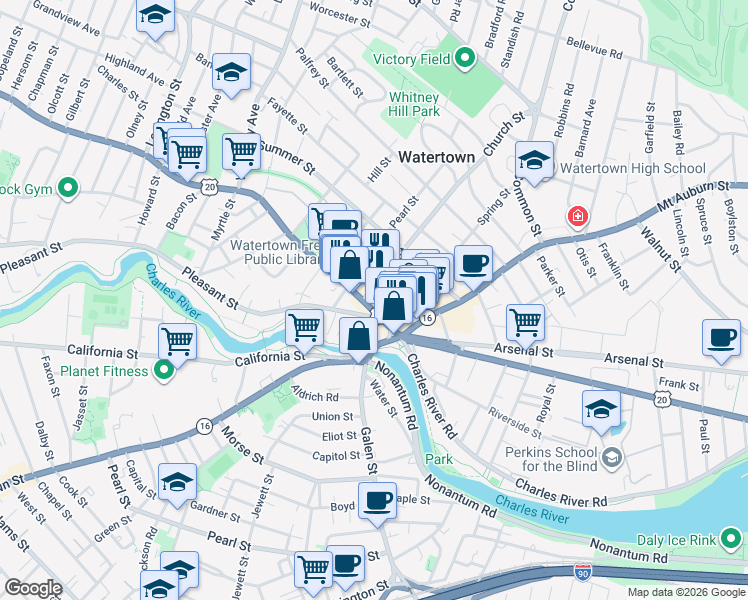 map of restaurants, bars, coffee shops, grocery stores, and more near 39 U.S. 20 in Watertown