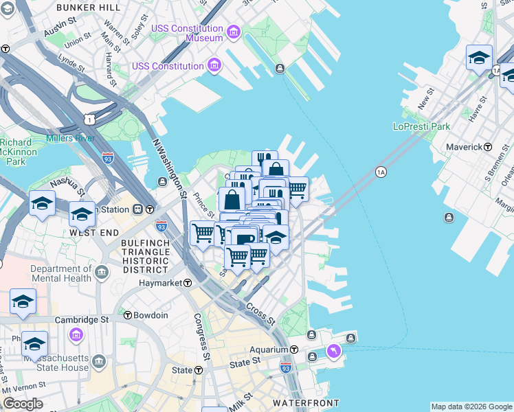 map of restaurants, bars, coffee shops, grocery stores, and more near in Boston