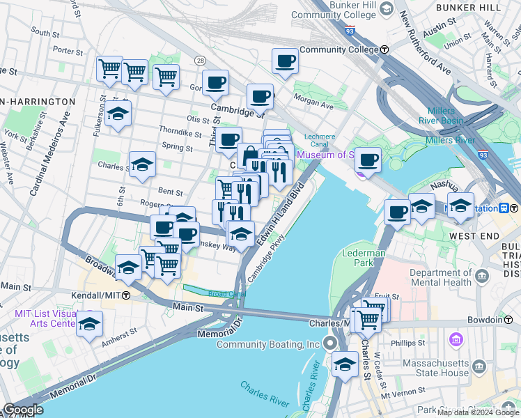 map of restaurants, bars, coffee shops, grocery stores, and more near 1 Rogers Street in Cambridge