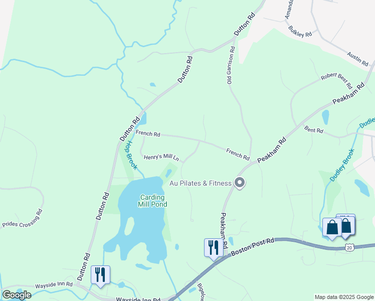 map of restaurants, bars, coffee shops, grocery stores, and more near 11 Carriage Way in Sudbury