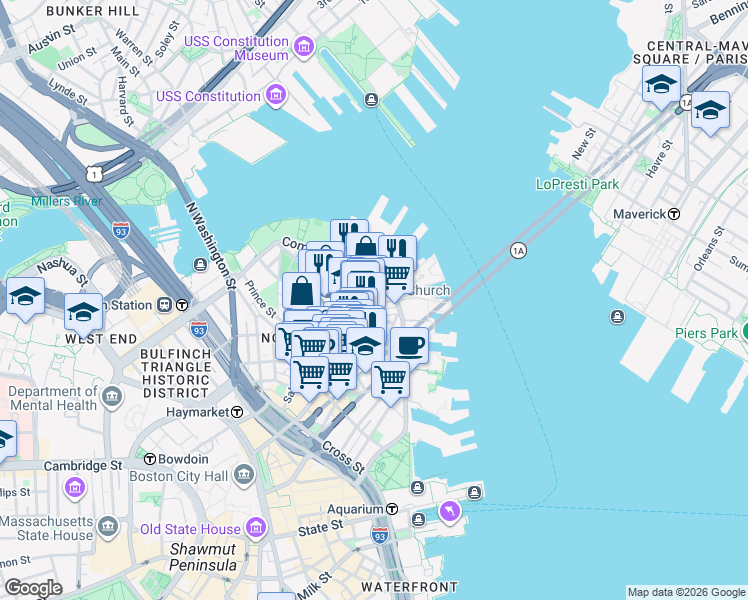 map of restaurants, bars, coffee shops, grocery stores, and more near 7 Powers Court in Boston