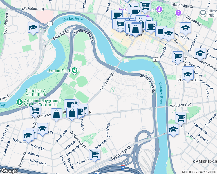 map of restaurants, bars, coffee shops, grocery stores, and more near 70 North Harvard Street in Boston