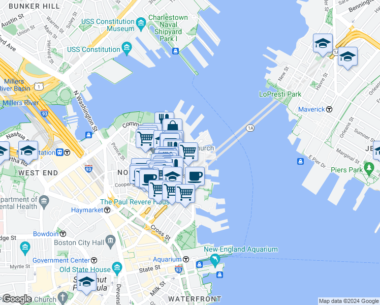 map of restaurants, bars, coffee shops, grocery stores, and more near 383 Commercial Street in Boston