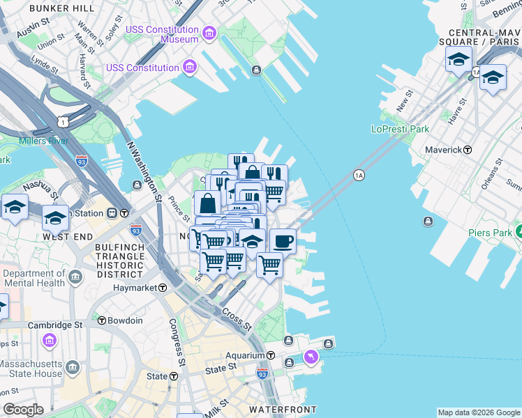 map of restaurants, bars, coffee shops, grocery stores, and more near 7 Powers Court in Boston