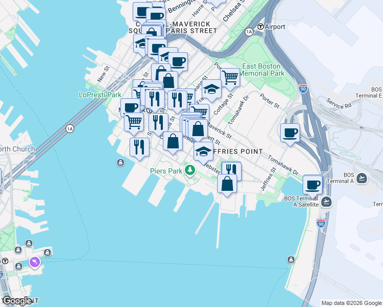 map of restaurants, bars, coffee shops, grocery stores, and more near 141 Webster Street in Boston