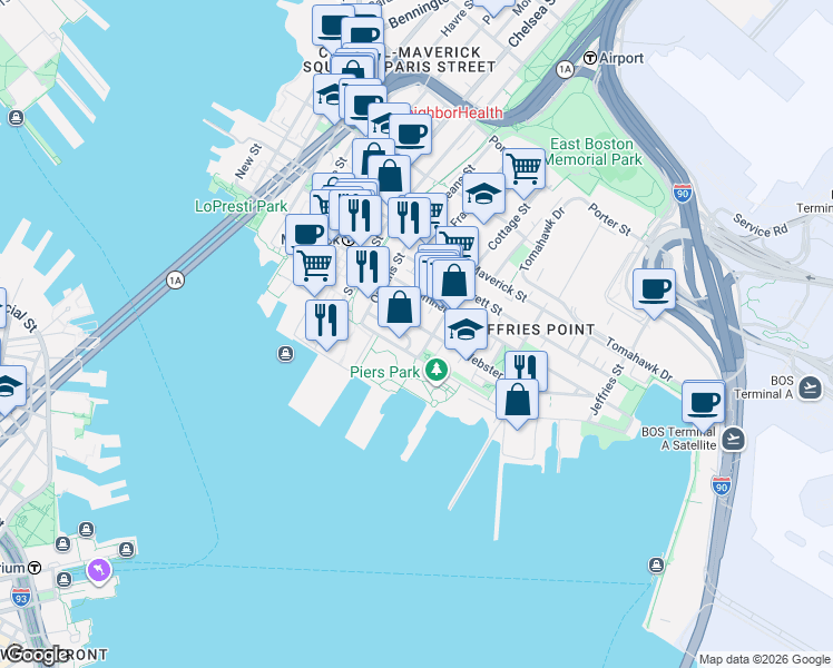 map of restaurants, bars, coffee shops, grocery stores, and more near 110A Marginal Street in Boston