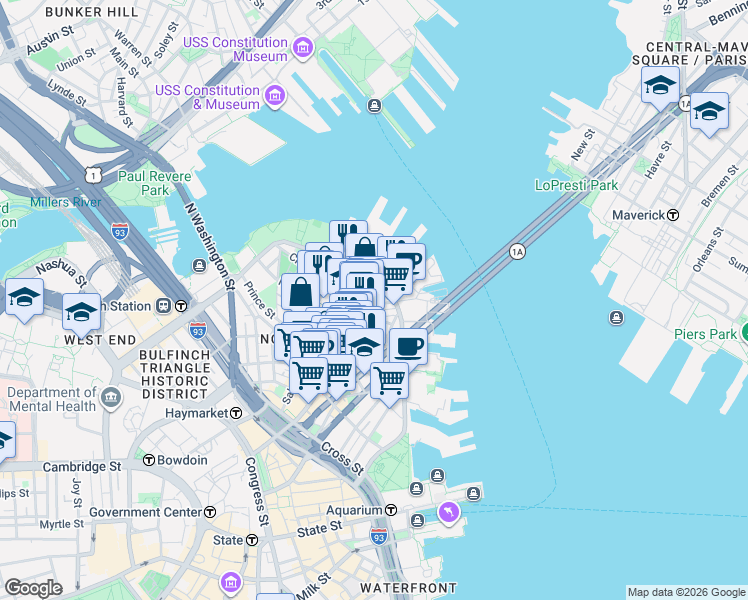 map of restaurants, bars, coffee shops, grocery stores, and more near in Boston