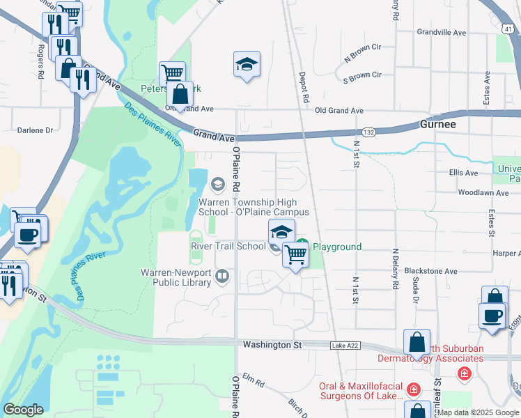 map of restaurants, bars, coffee shops, grocery stores, and more near Raven Court in Gurnee
