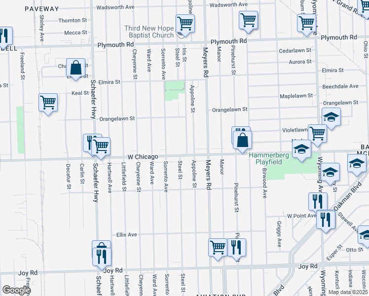 map of restaurants, bars, coffee shops, grocery stores, and more near 9501 Iris Street in Detroit