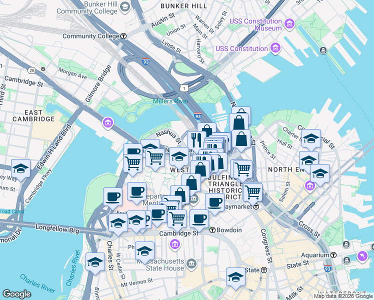 map of restaurants, bars, coffee shops, grocery stores, and more near 1 Nashua Street in Boston