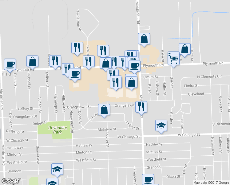 map of restaurants, bars, coffee shops, grocery stores, and more near 29555 Plymouth Road in Livonia