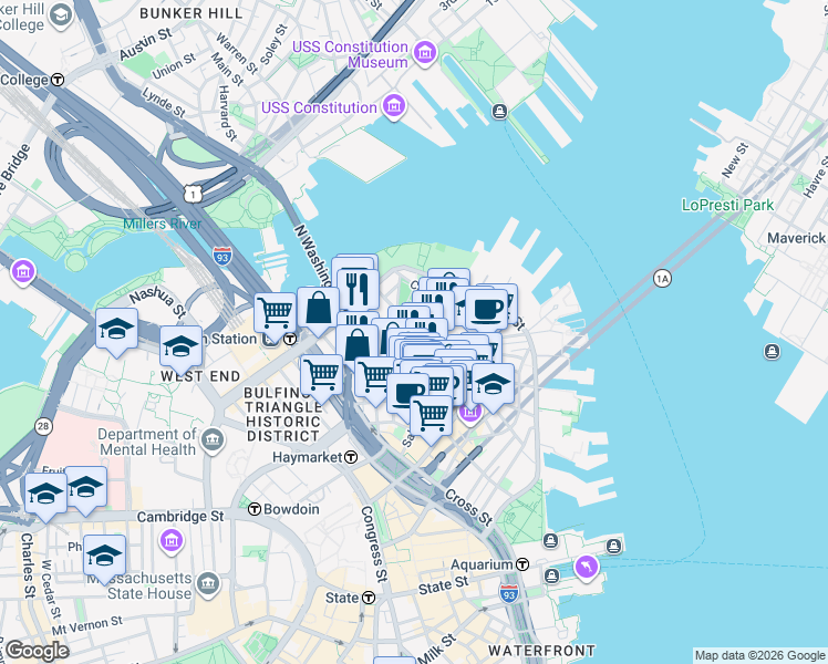 map of restaurants, bars, coffee shops, grocery stores, and more near 3 Snow Hill Street in Boston