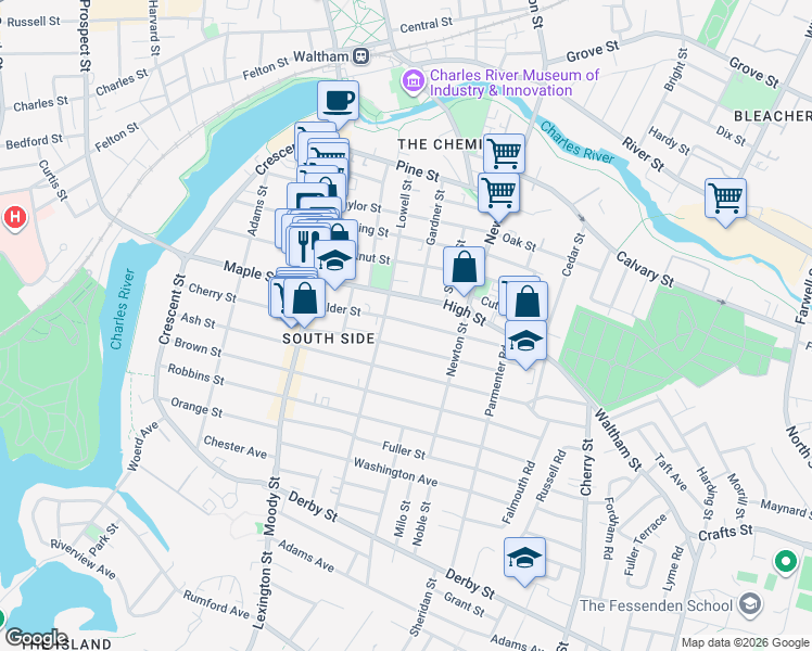 map of restaurants, bars, coffee shops, grocery stores, and more near 92 Myrtle Street in Waltham