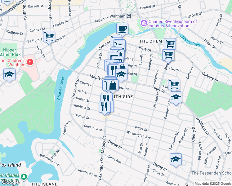 map of restaurants, bars, coffee shops, grocery stores, and more near 596 Moody Street in Waltham