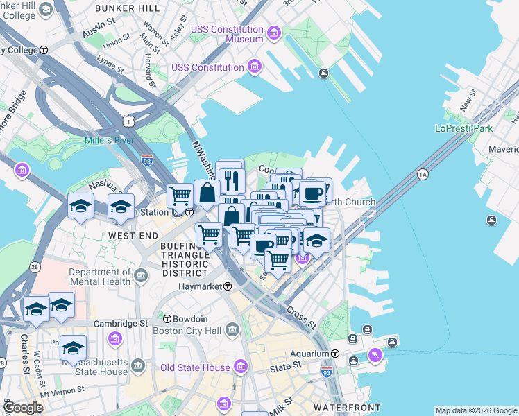 map of restaurants, bars, coffee shops, grocery stores, and more near 3 Snow Hill Street in Boston