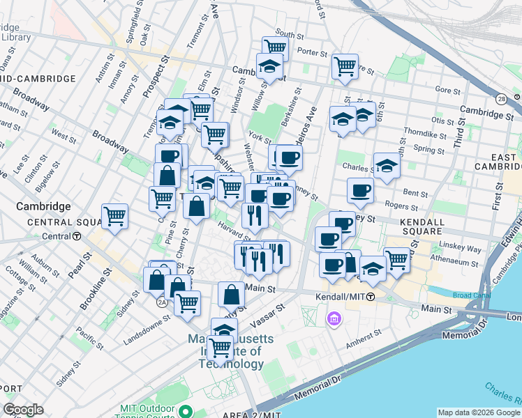 map of restaurants, bars, coffee shops, grocery stores, and more near 50 Hampshire Street in Cambridge
