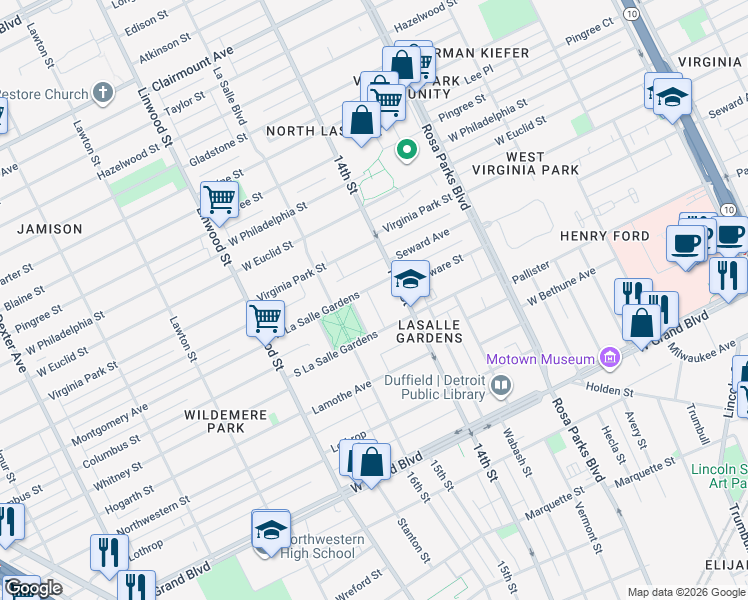 map of restaurants, bars, coffee shops, grocery stores, and more near 7750 LaSalle Street in Detroit