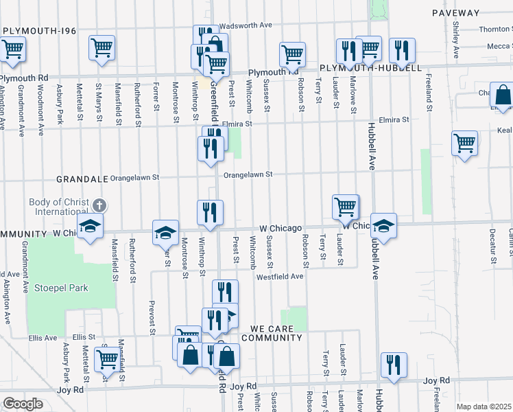 map of restaurants, bars, coffee shops, grocery stores, and more near 9531 Sussex Street in Detroit