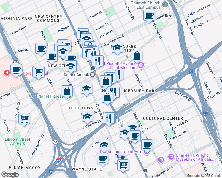 map of restaurants, bars, coffee shops, grocery stores, and more near 6056 Woodward Avenue in Detroit