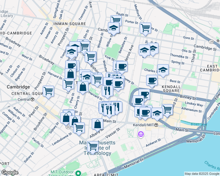 map of restaurants, bars, coffee shops, grocery stores, and more near 50 Hampshire Street in Cambridge