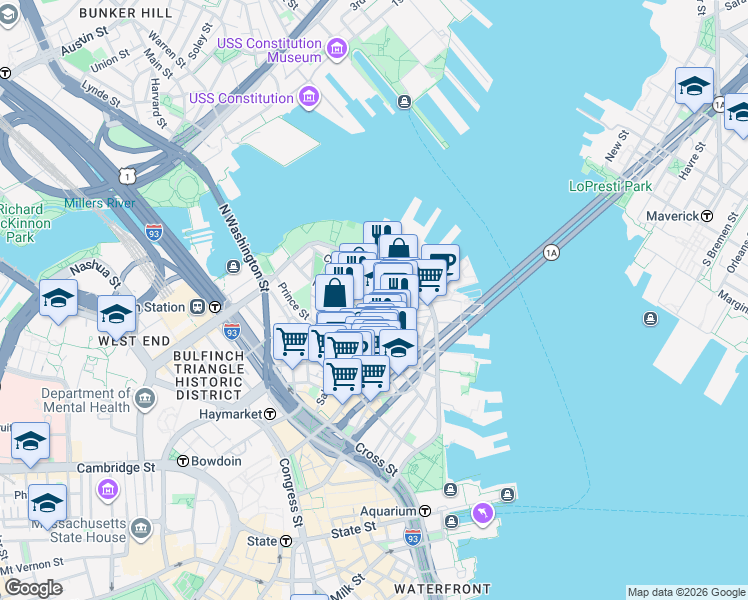 map of restaurants, bars, coffee shops, grocery stores, and more near 1 Unity Street in Boston