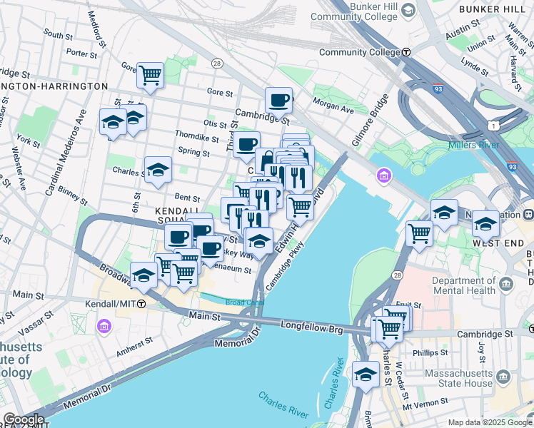 map of restaurants, bars, coffee shops, grocery stores, and more near 10 Rogers Street in Cambridge