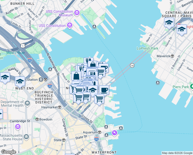map of restaurants, bars, coffee shops, grocery stores, and more near 7 Powers Court in Boston