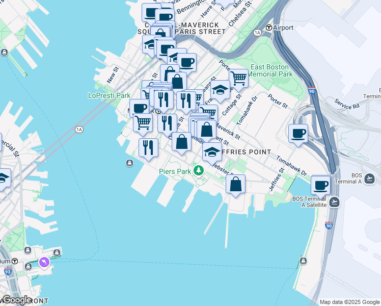 map of restaurants, bars, coffee shops, grocery stores, and more near 110A Marginal Street in Boston