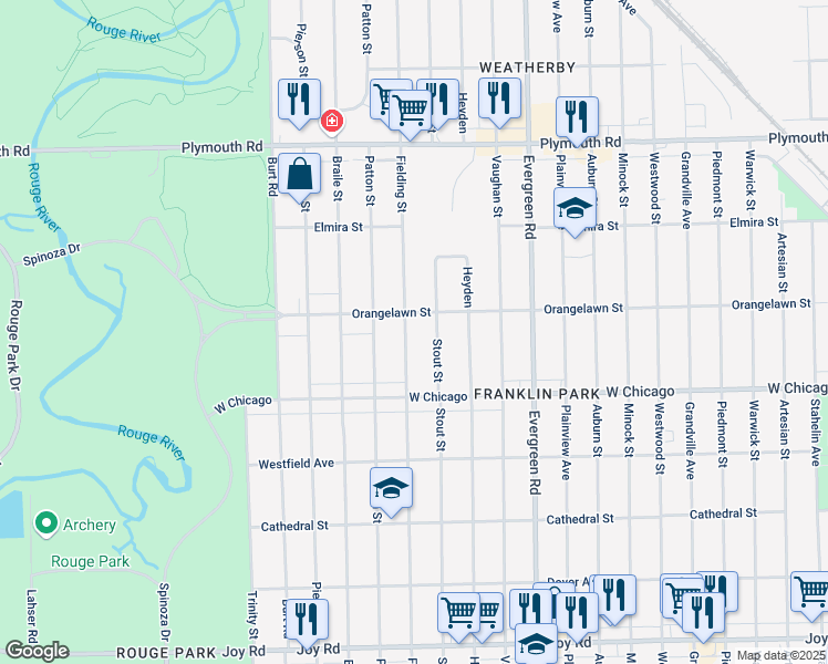 map of restaurants, bars, coffee shops, grocery stores, and more near 9600 Fielding Street in Detroit