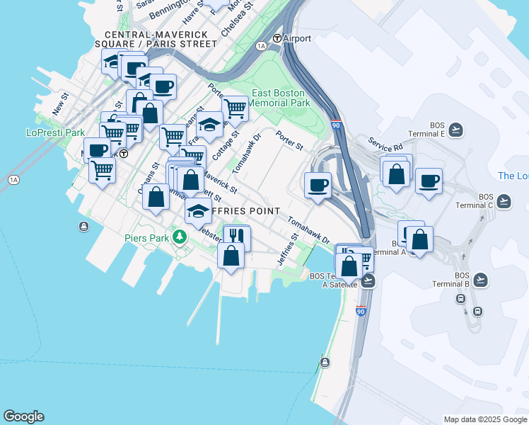 map of restaurants, bars, coffee shops, grocery stores, and more near 206 Everett Street in Boston