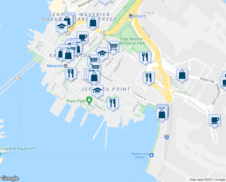 map of restaurants, bars, coffee shops, grocery stores, and more near 430 Sumner Street in Boston
