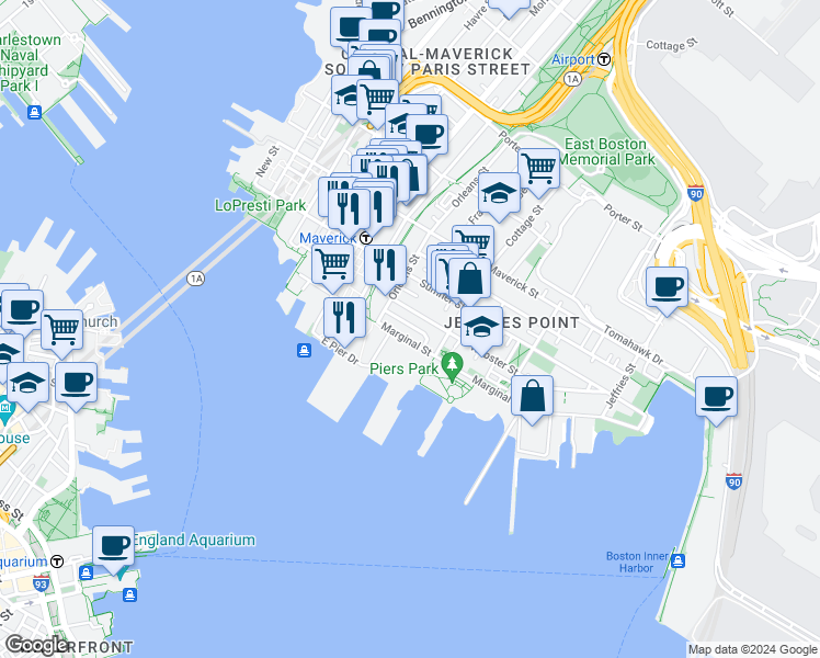 map of restaurants, bars, coffee shops, grocery stores, and more near 74 Marginal Street in Boston