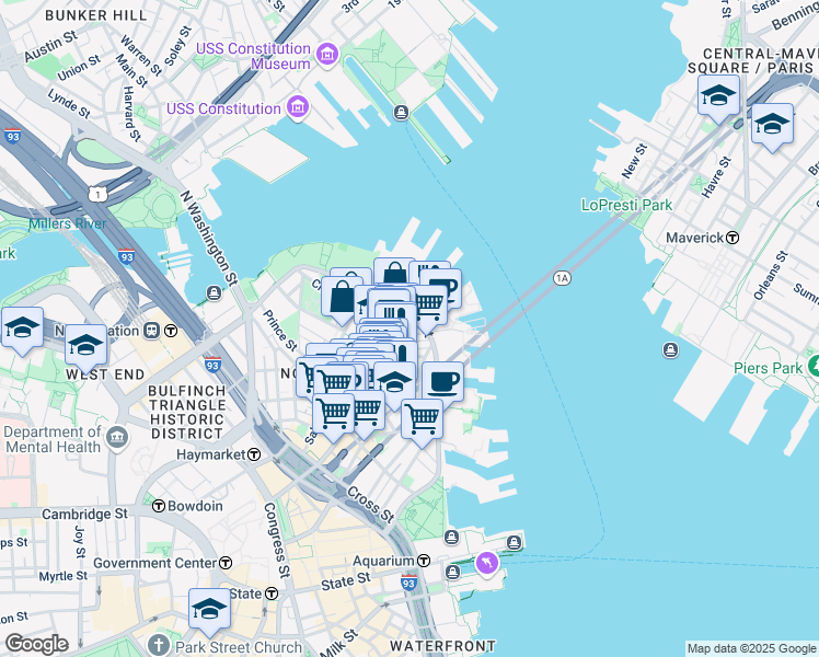 map of restaurants, bars, coffee shops, grocery stores, and more near 7 Powers Court in Boston
