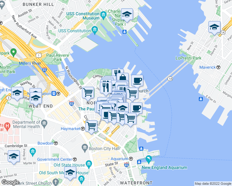 map of restaurants, bars, coffee shops, grocery stores, and more near 4 Charter Street in Boston