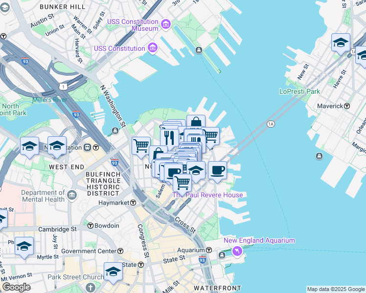map of restaurants, bars, coffee shops, grocery stores, and more near 4 Charter Street in Boston