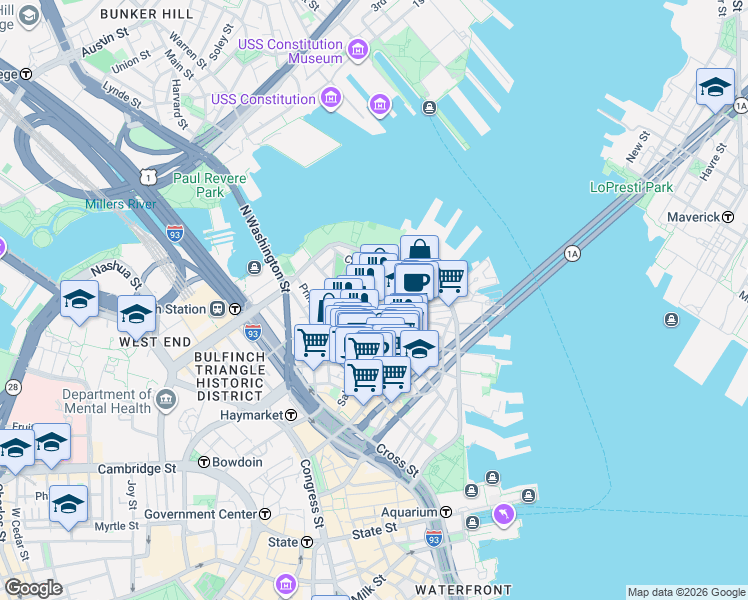 map of restaurants, bars, coffee shops, grocery stores, and more near in Boston