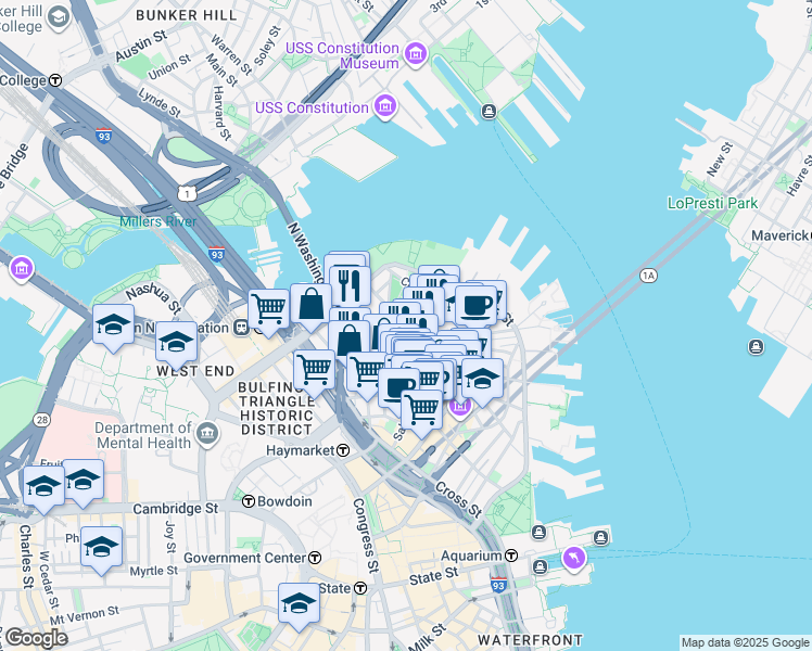 map of restaurants, bars, coffee shops, grocery stores, and more near 3 Snow Hill Street in Boston