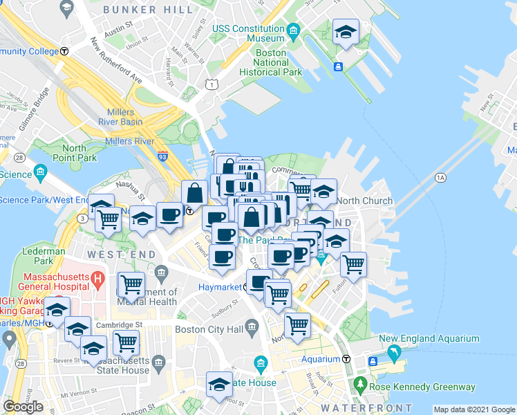 map of restaurants, bars, coffee shops, grocery stores, and more near 7 Endicott Court in Boston