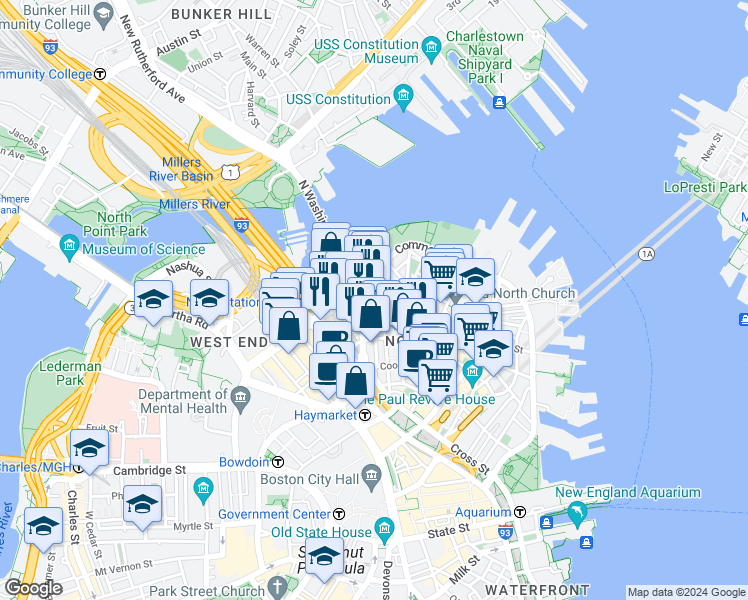 map of restaurants, bars, coffee shops, grocery stores, and more near 7 Endicott Court in Boston