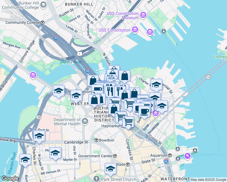 map of restaurants, bars, coffee shops, grocery stores, and more near 225 Causeway Street in Boston