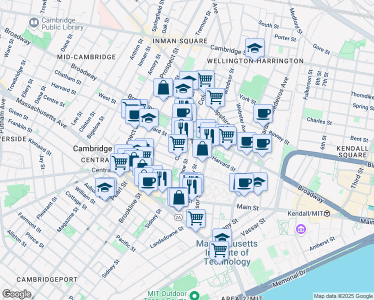 map of restaurants, bars, coffee shops, grocery stores, and more near 151R Cherry Street in Cambridge